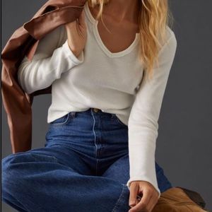 HOT PINK PILCRO ANTHROPOLOGIE WAFFLE KNIT NOTCH NECK TOP